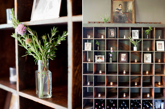 rustic cubby hole shelves and simple wild flower vases