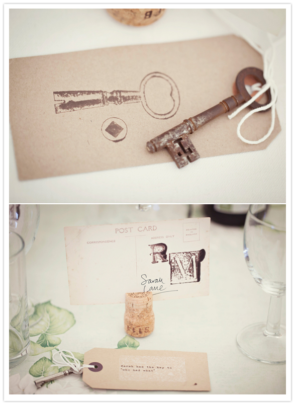 metal key accents and cork place card holders