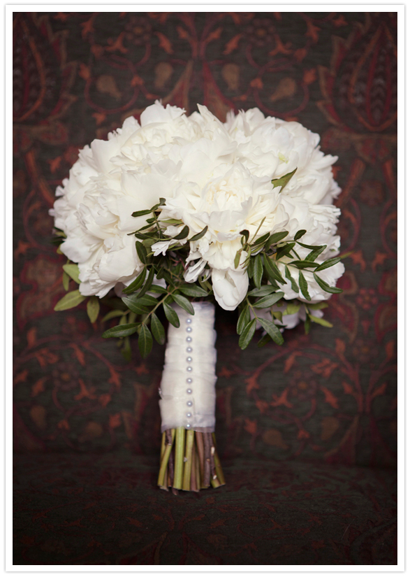 Duchess peonies in ivory with a trim of herbs