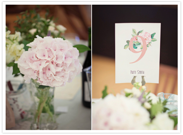garden-style table number and pink hydrangeas 