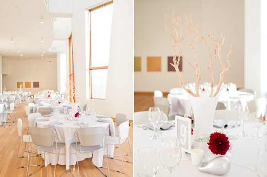 all white linens with pops of crimson
