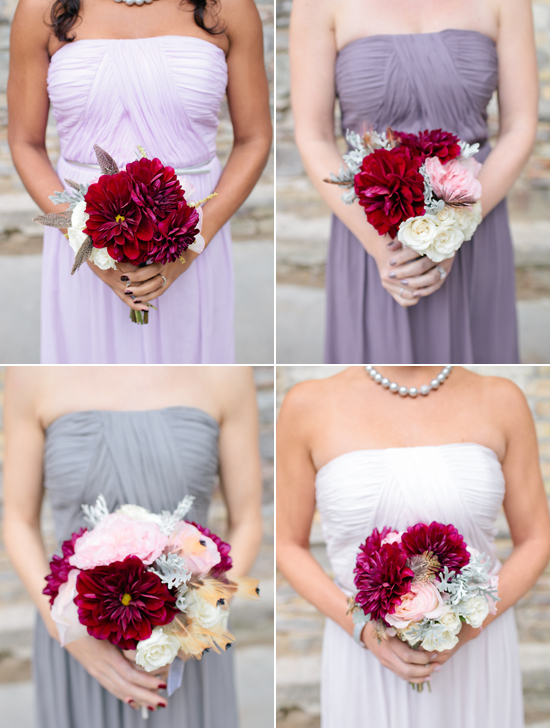 shades of purple bridesmaid dresses and deep fuchsia bouquets