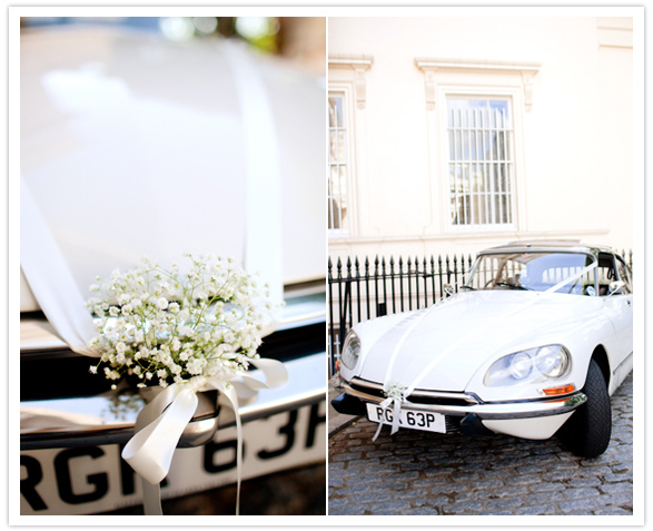Vintage White Sportscar with Baby's Breath and Ribbon