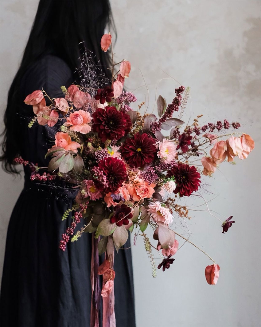 Gorgeous pink and red fall bridal bouquet by Sole Moon Studio