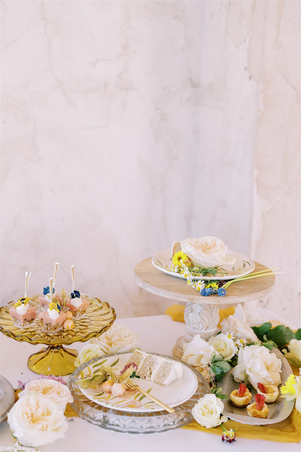 Romantic spring pastel wedding dessert table idea