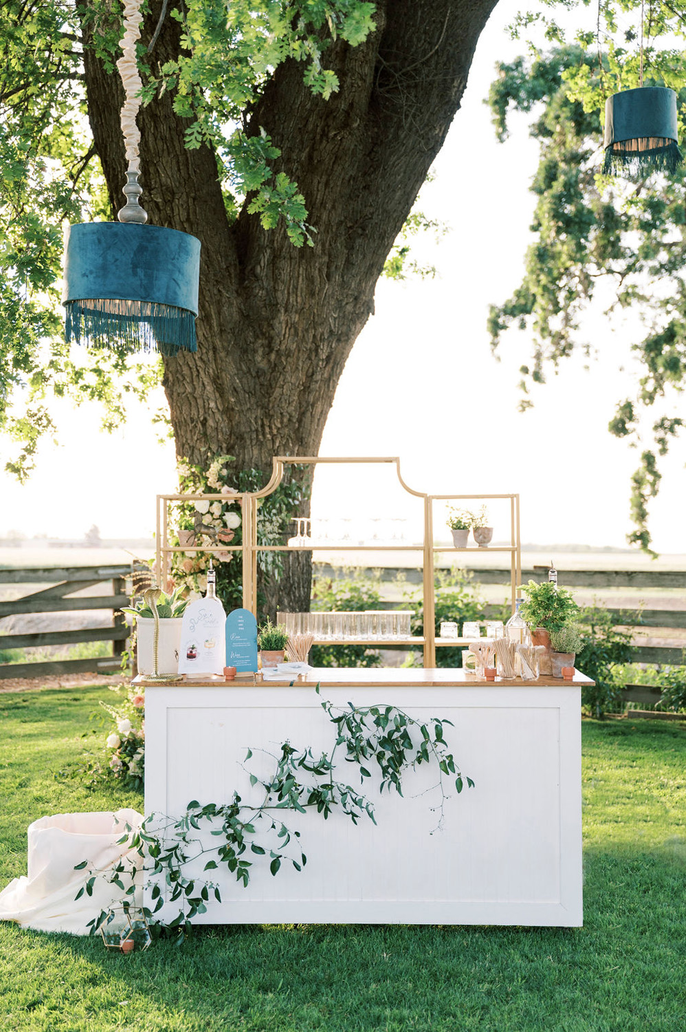 blue and white wedding bar at California garden wedding