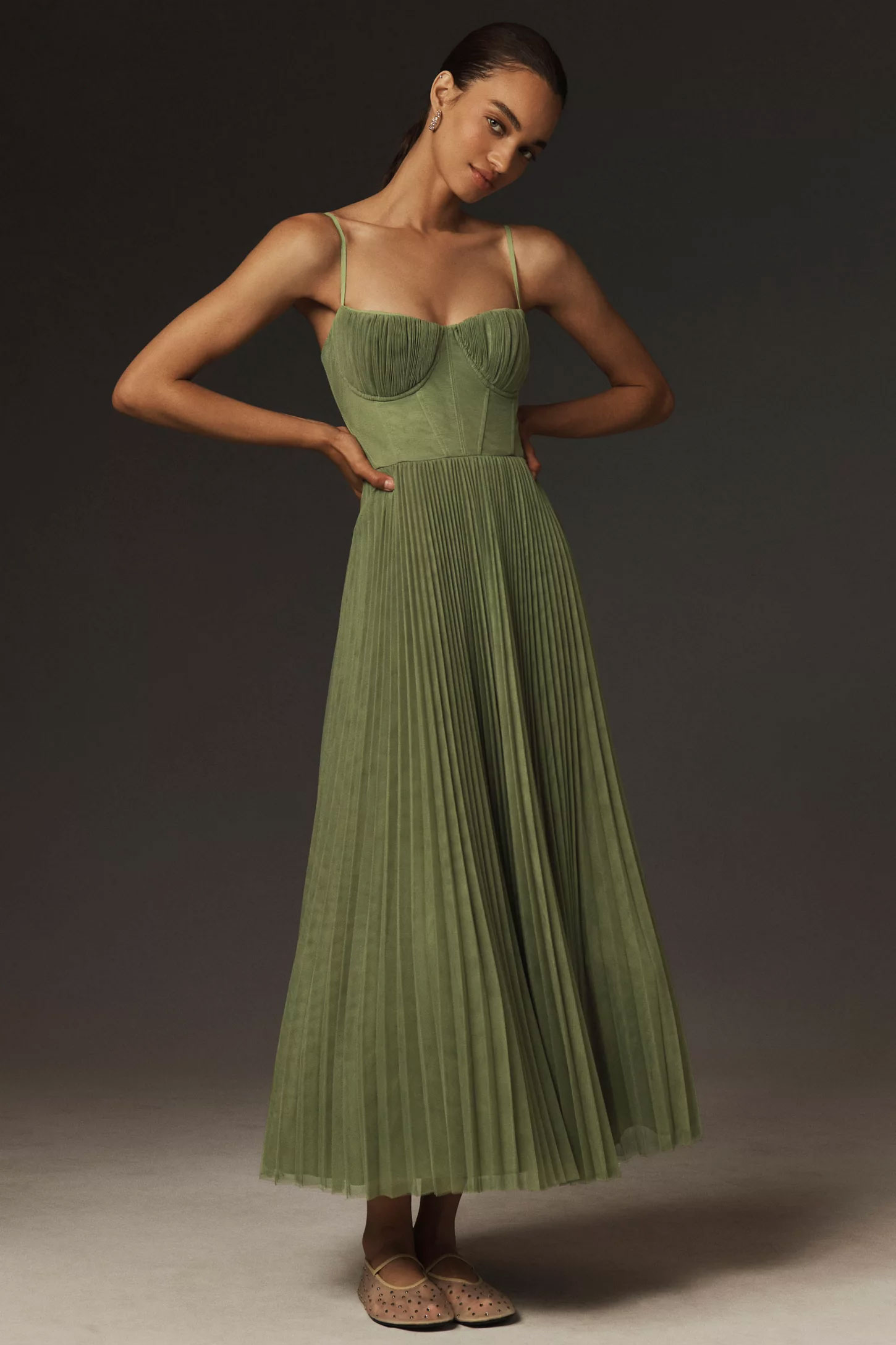 green corset pleated fall wedding guest dress