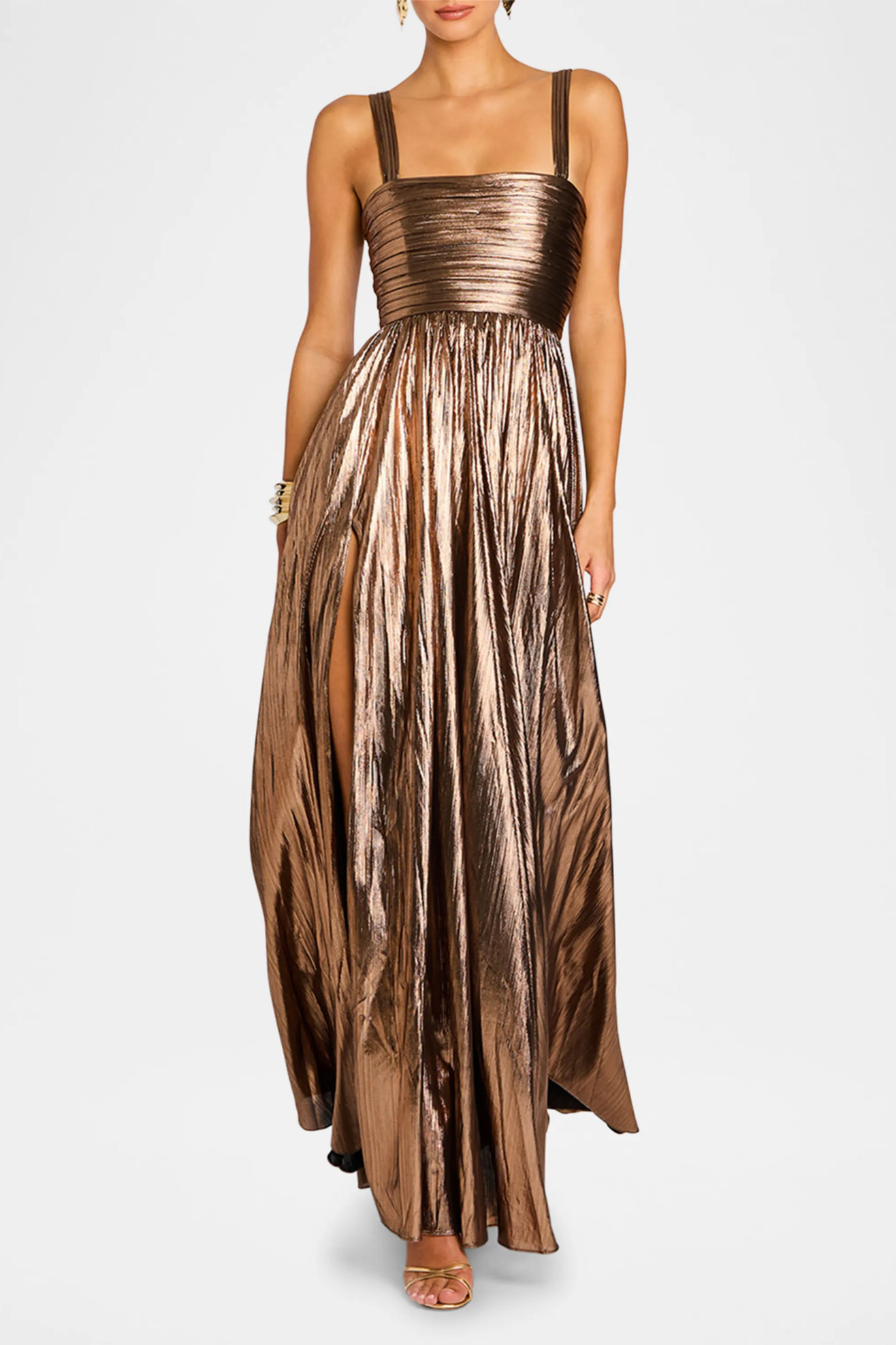 brown shiny metallic wedding guest dress