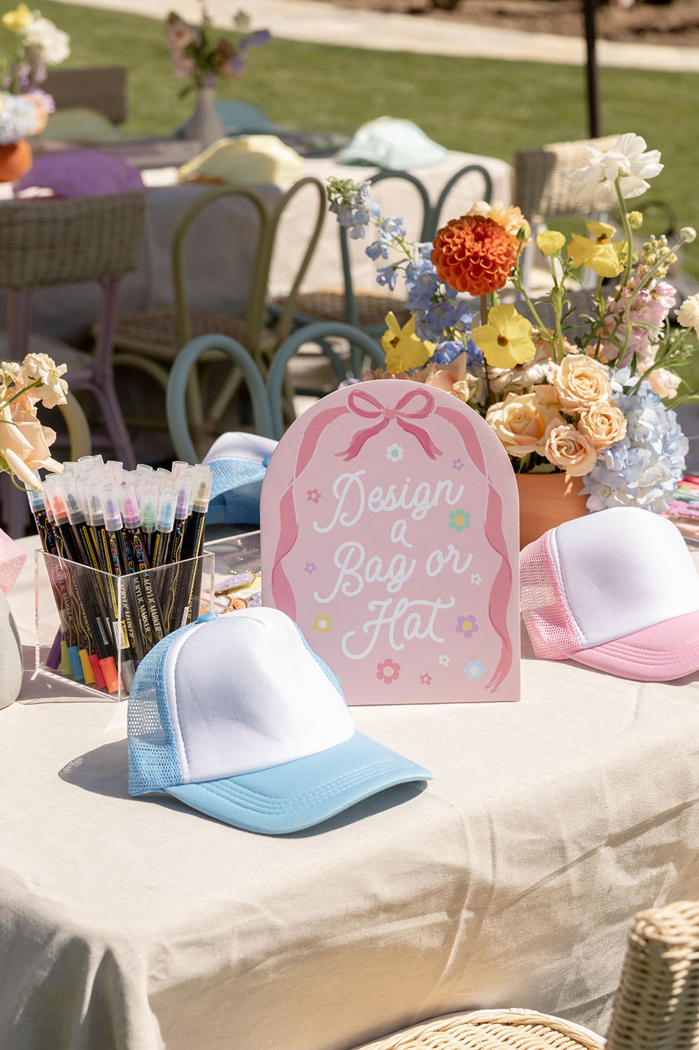 hat and bag craft table - girl birthday party ideas
