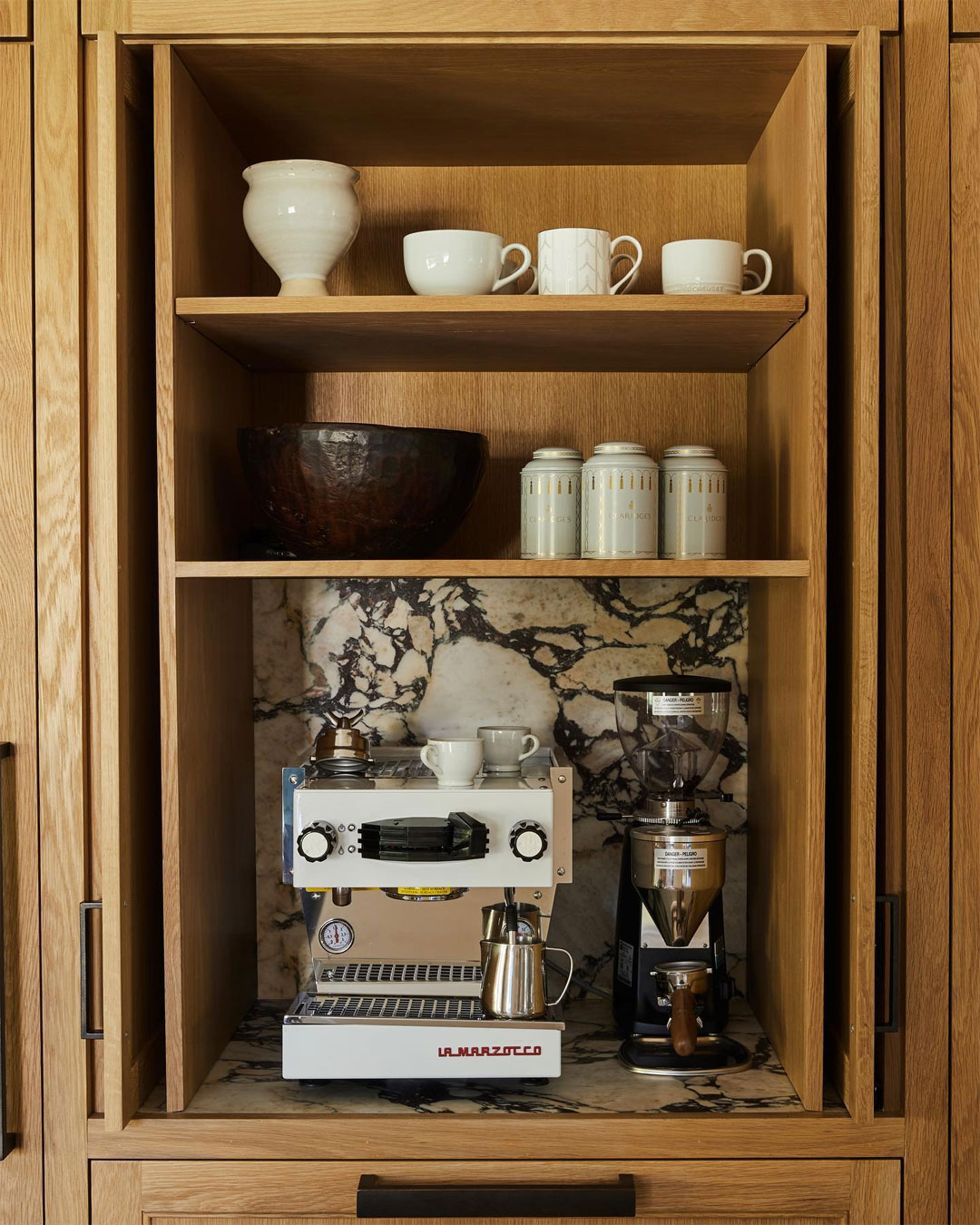 espresso cabinet with wood and marble
