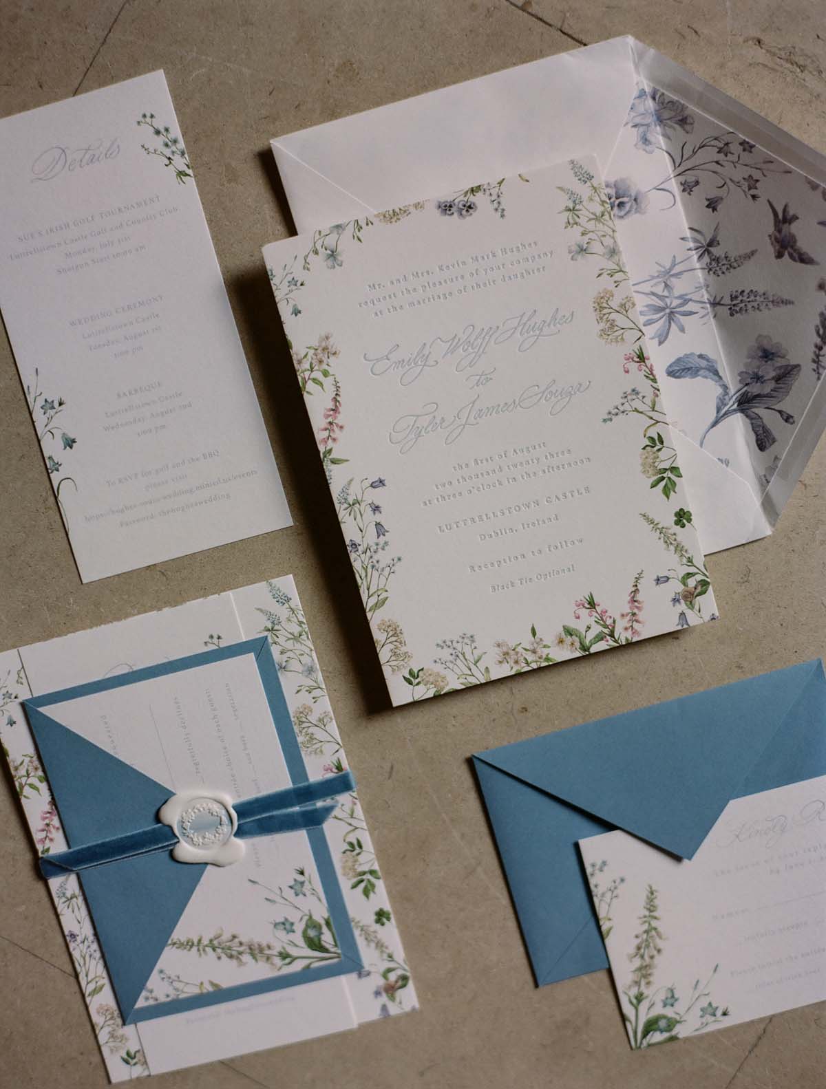 light blue botanical wedding invitations