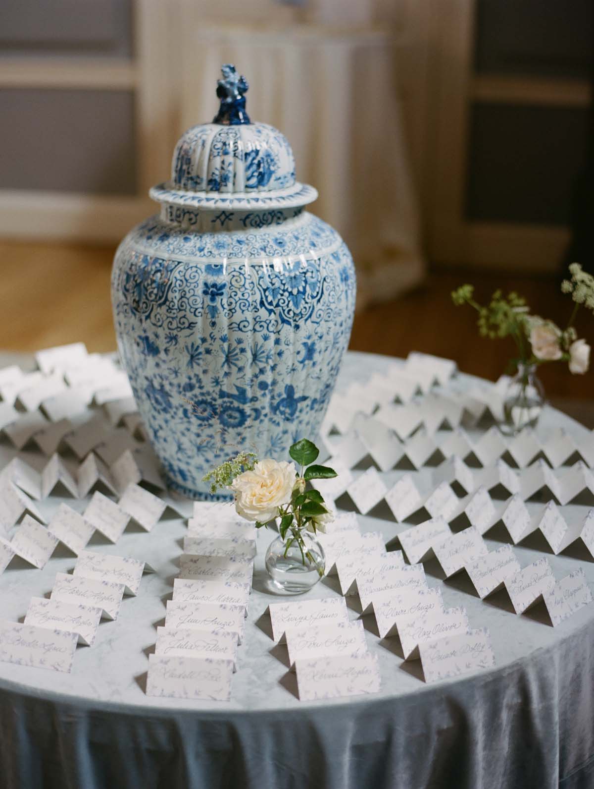 light blue wedding decor and place cards