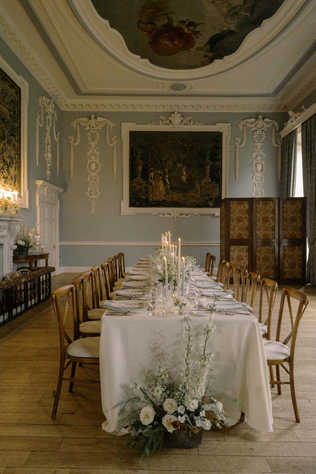 elegant romantic tablescape at Ireland wedding venue Luttrellstown Castle