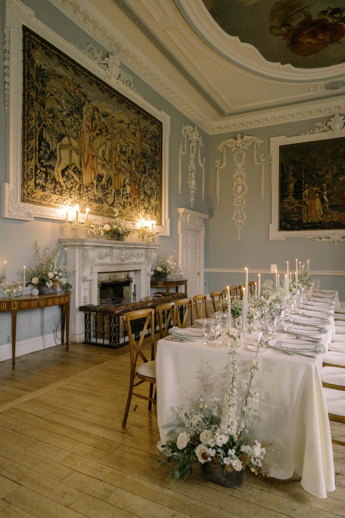 elegant romantic tablescape at Ireland wedding venue Luttrellstown Castle