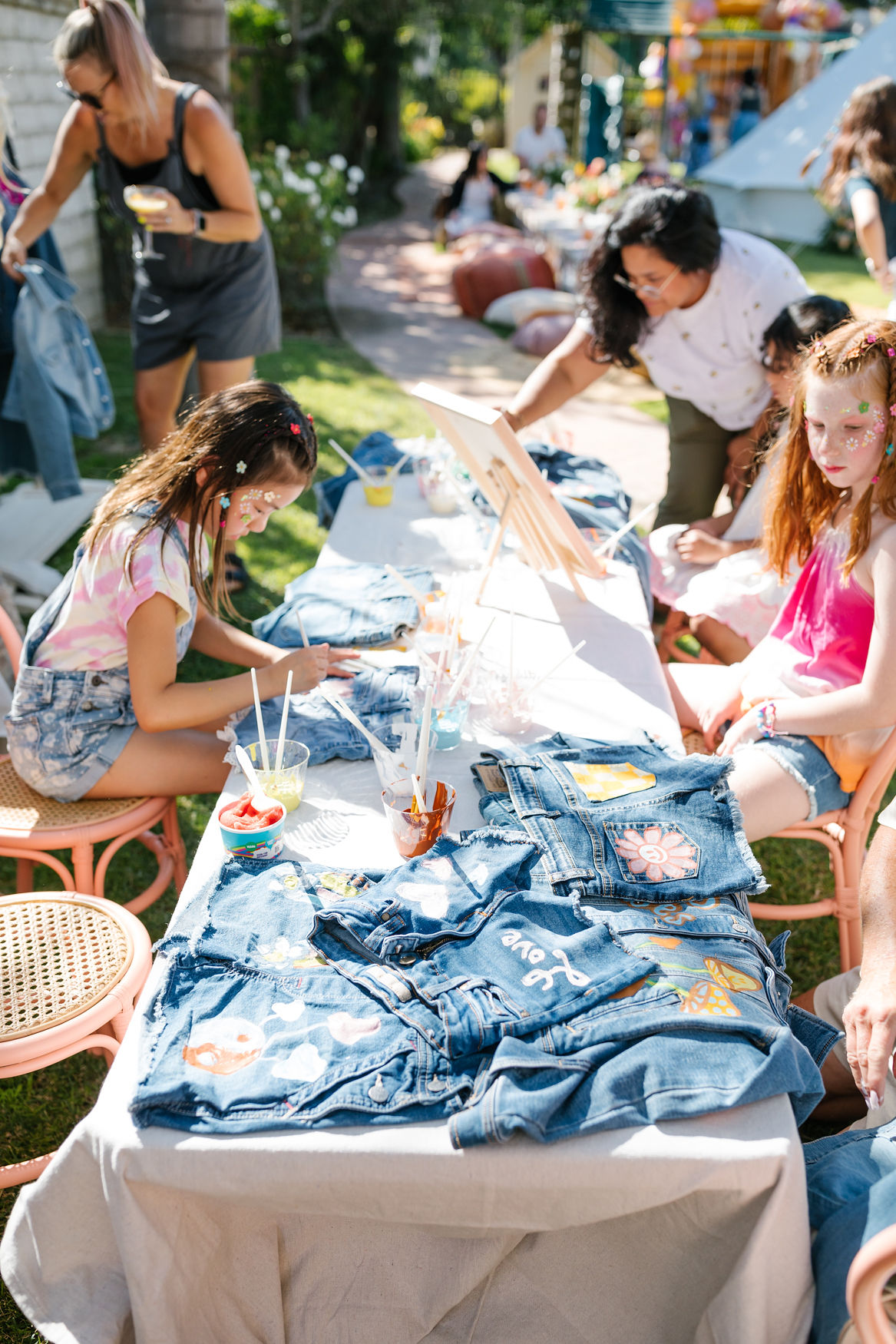 denim painting craft station at 70s inspired birthday party