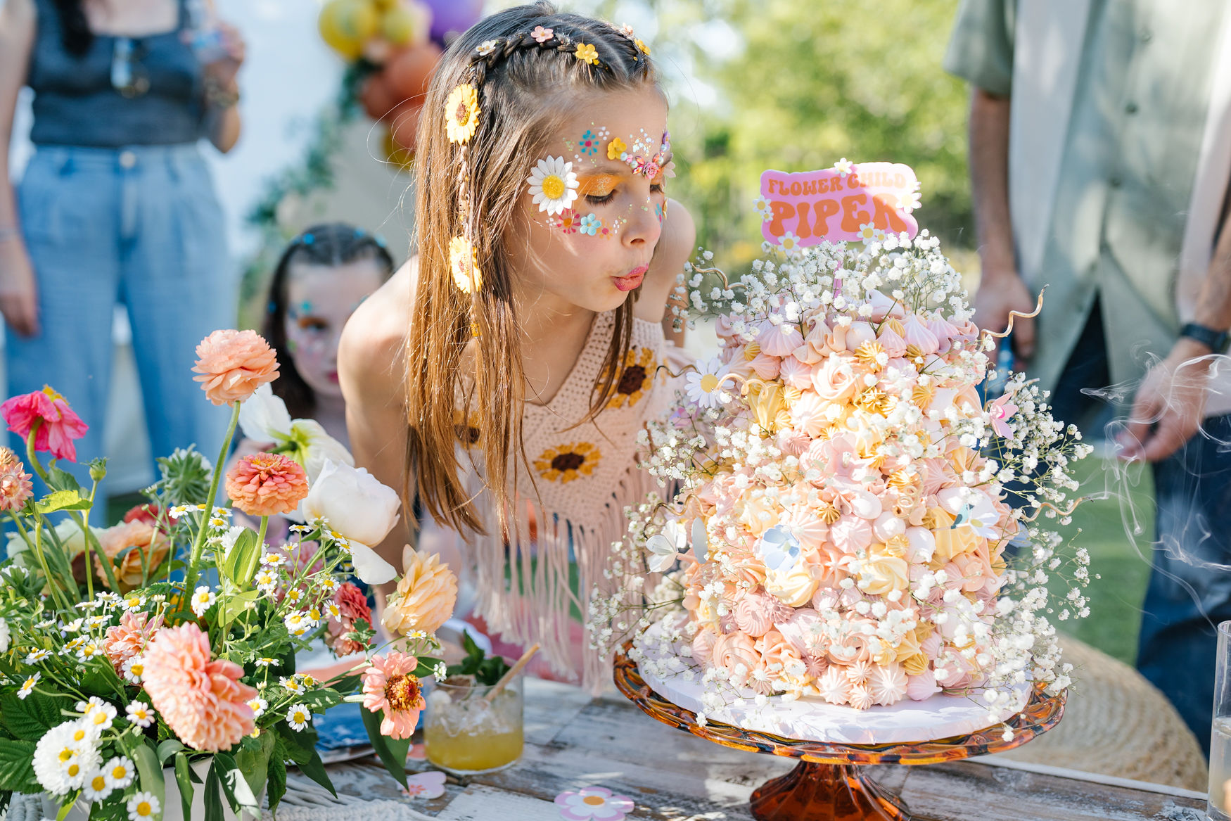 groovy floral babies breath birthday cake