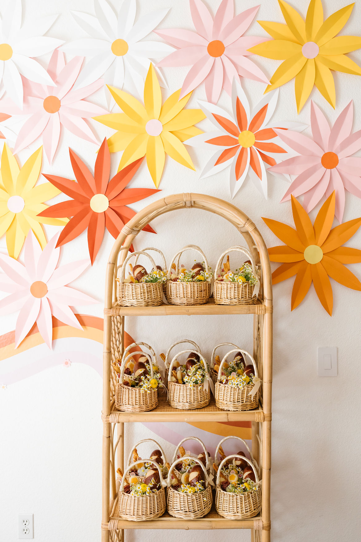 groovy flower wall decorations and floral baskets for birthday party