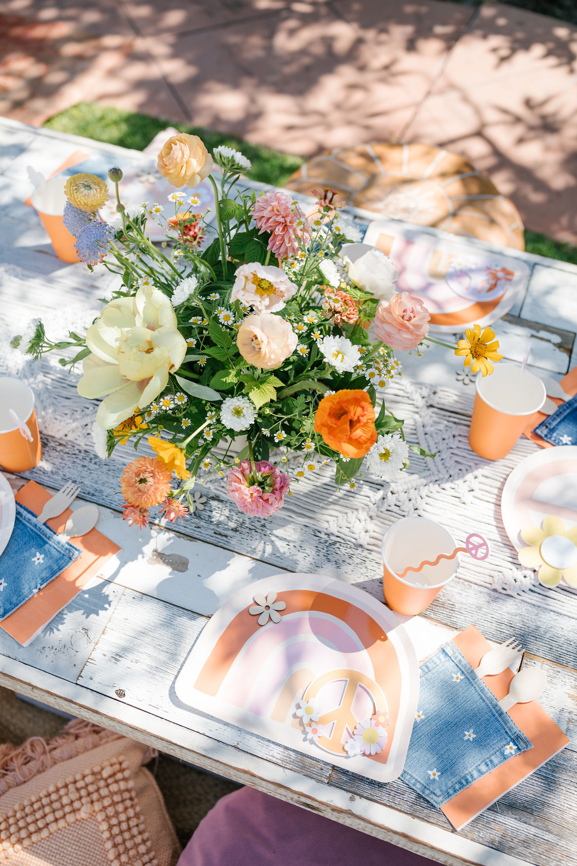 groovy rainbow and peace sign hippie birthday party table decorations