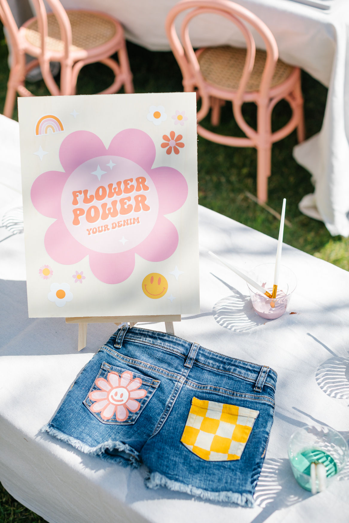 flower power denim shorts painting station at girls party