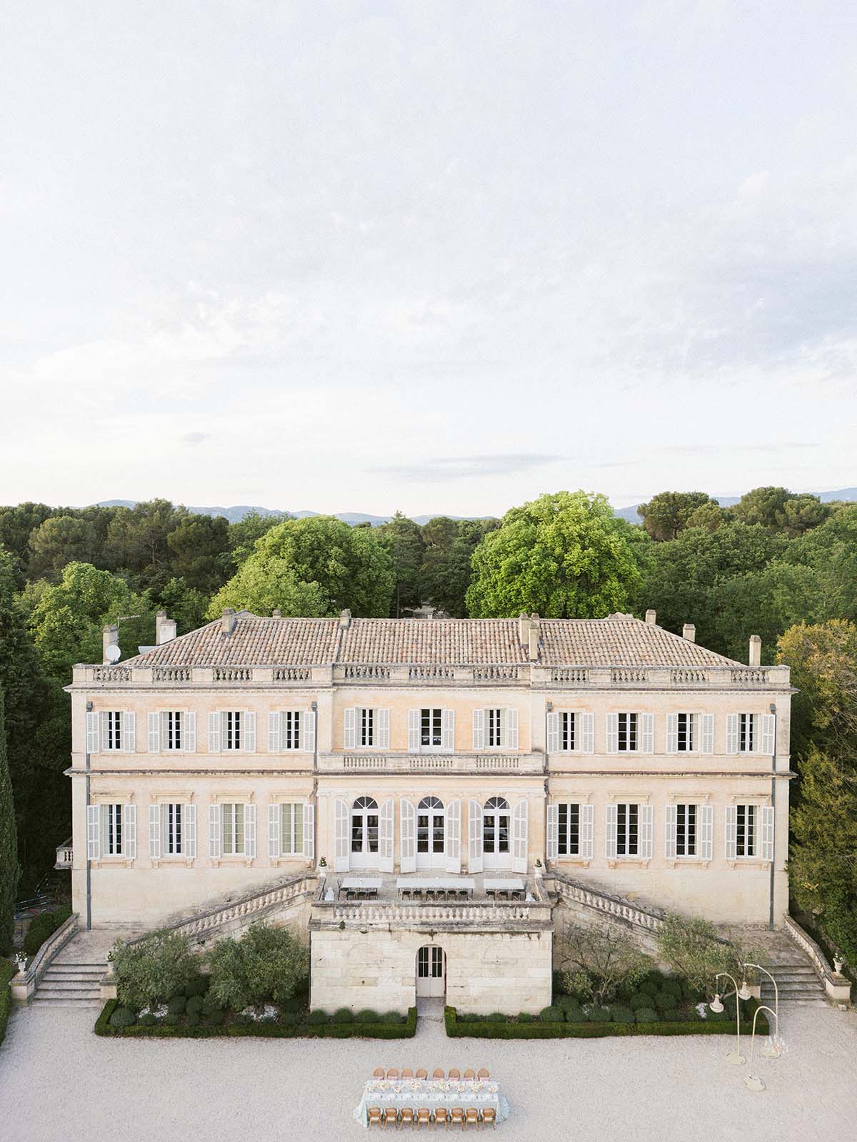 drone photo of elegant Château Martinay, France wedding venue