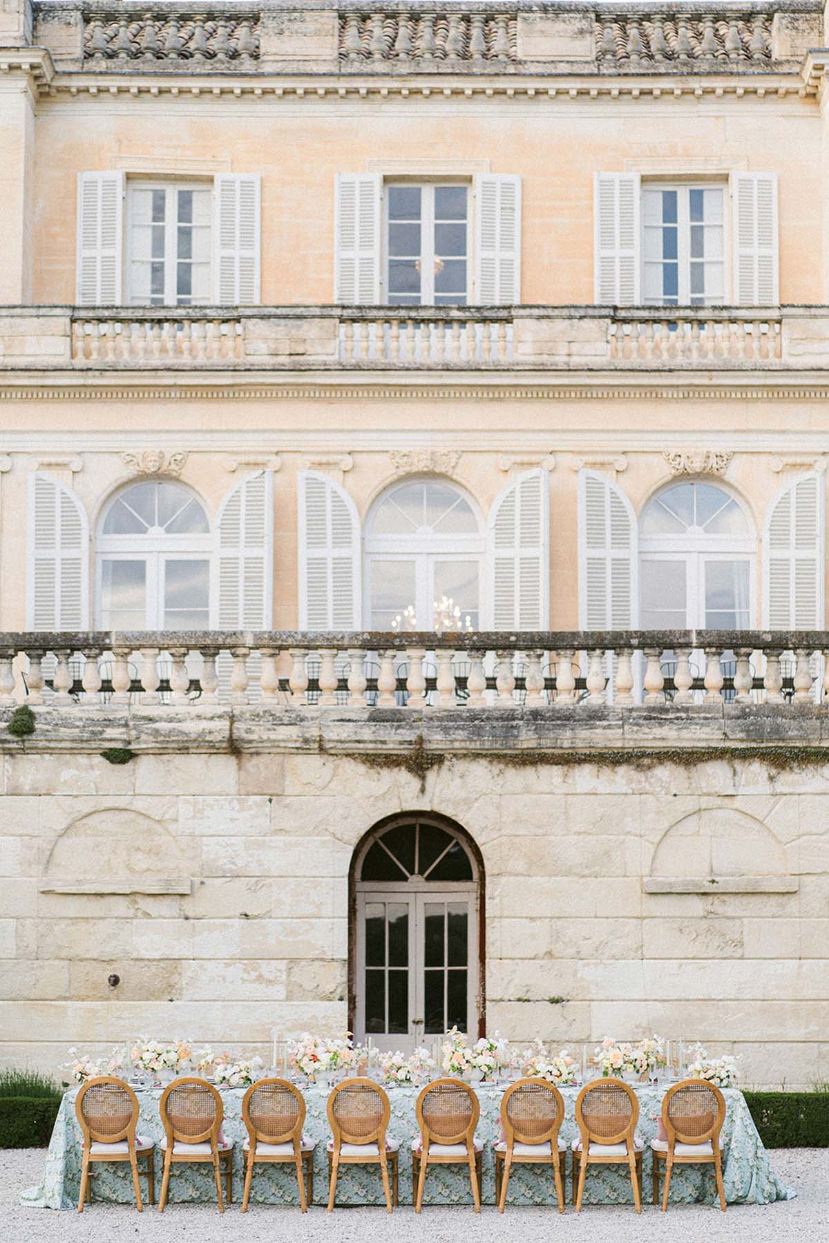 wedding tablescape in front of Château Martinay, France