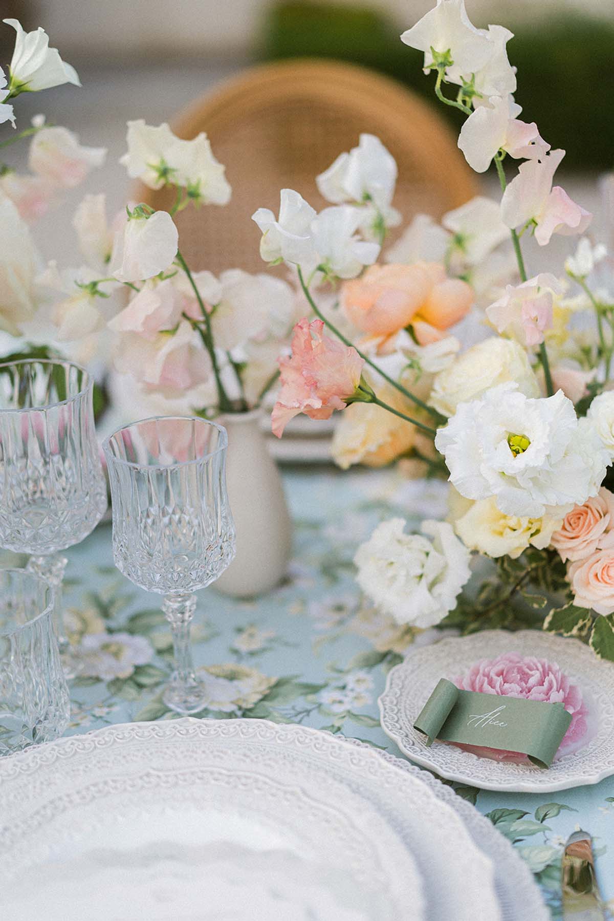 peach and blue place setting