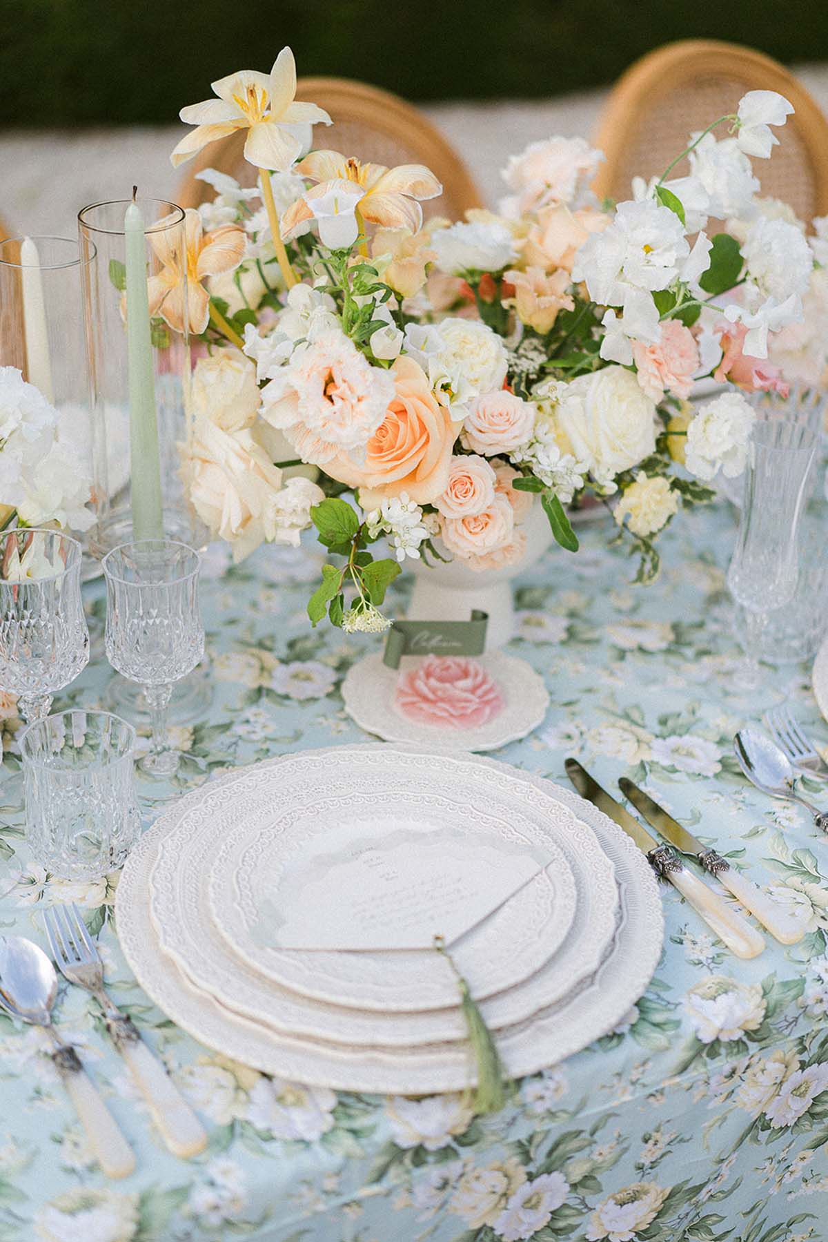 peach and blue place setting