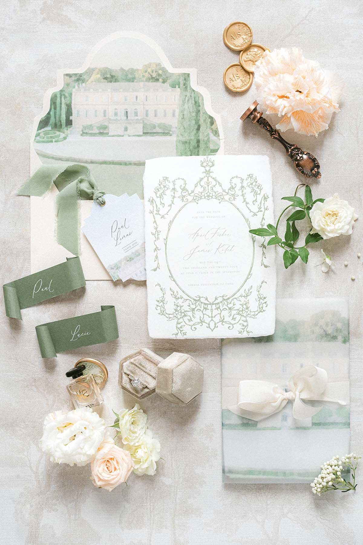 elegant blush and green french wedding invitations at Chateau Martinay