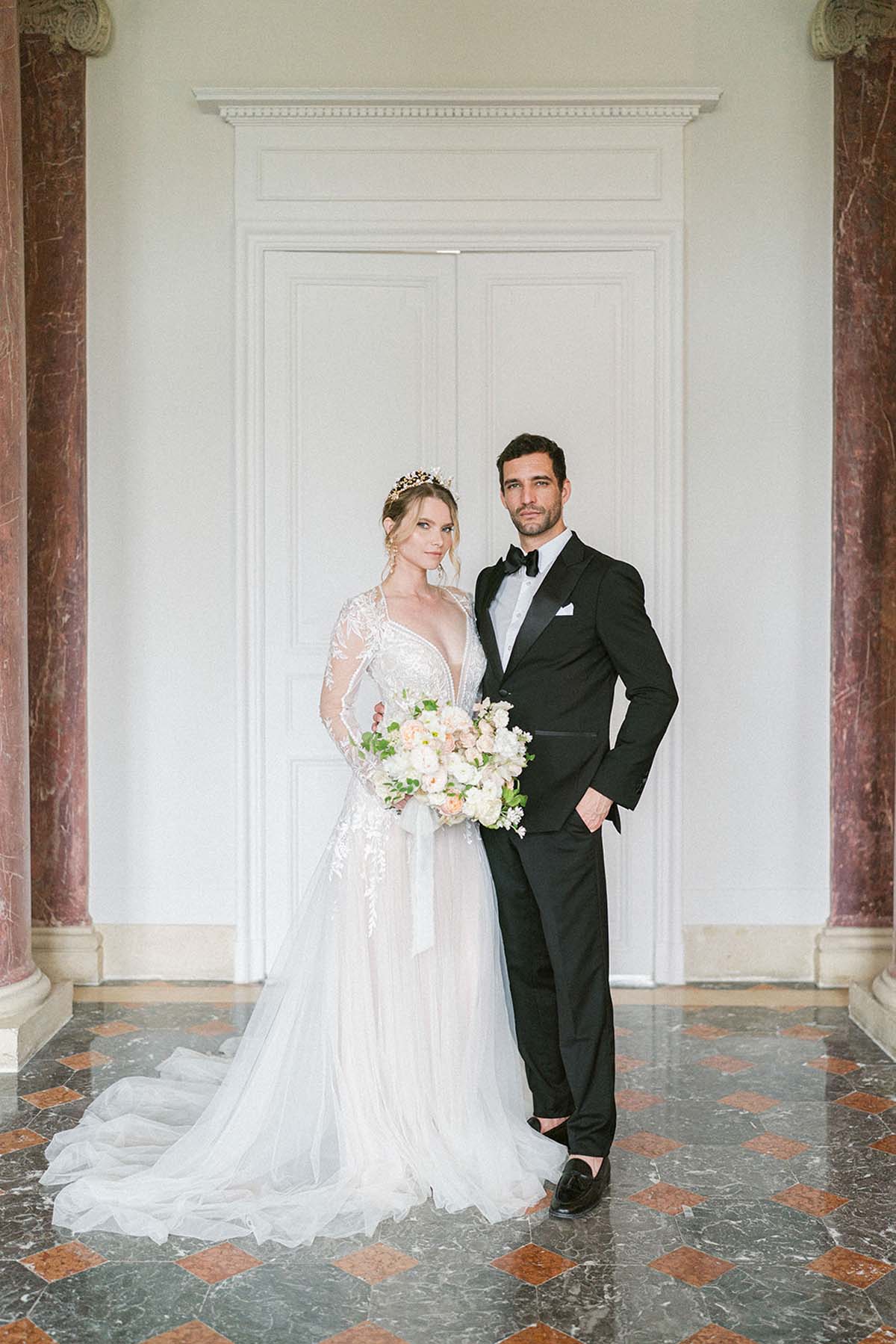 elegant bride and groom portrait at Chateau Martinay