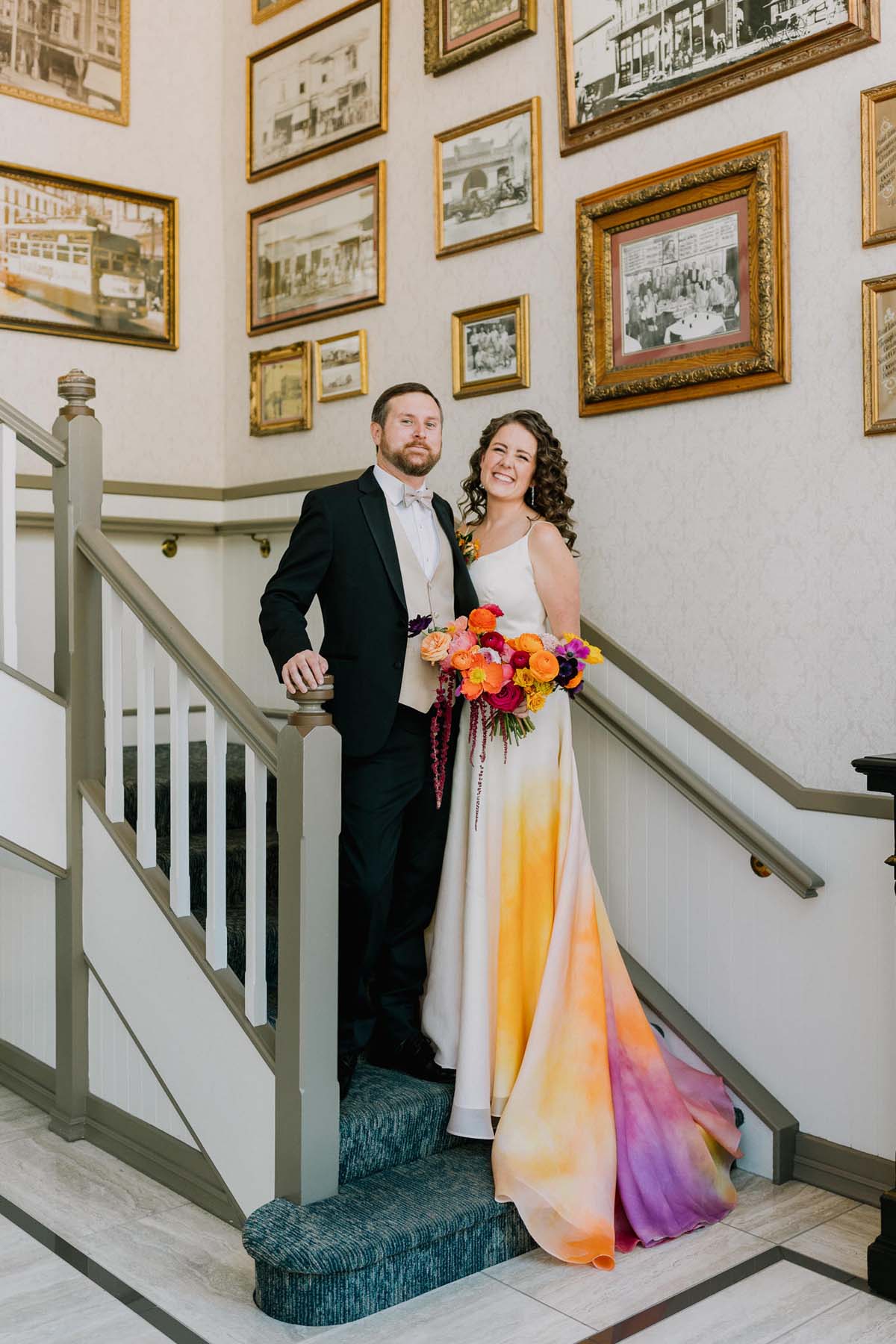 first look with bride wearing colorful wedding dress