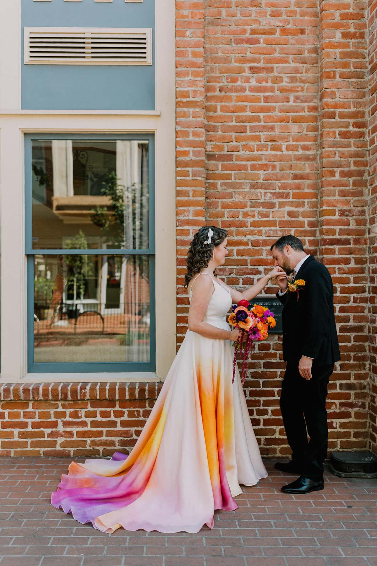 wedding portraits with colorful wedding dress