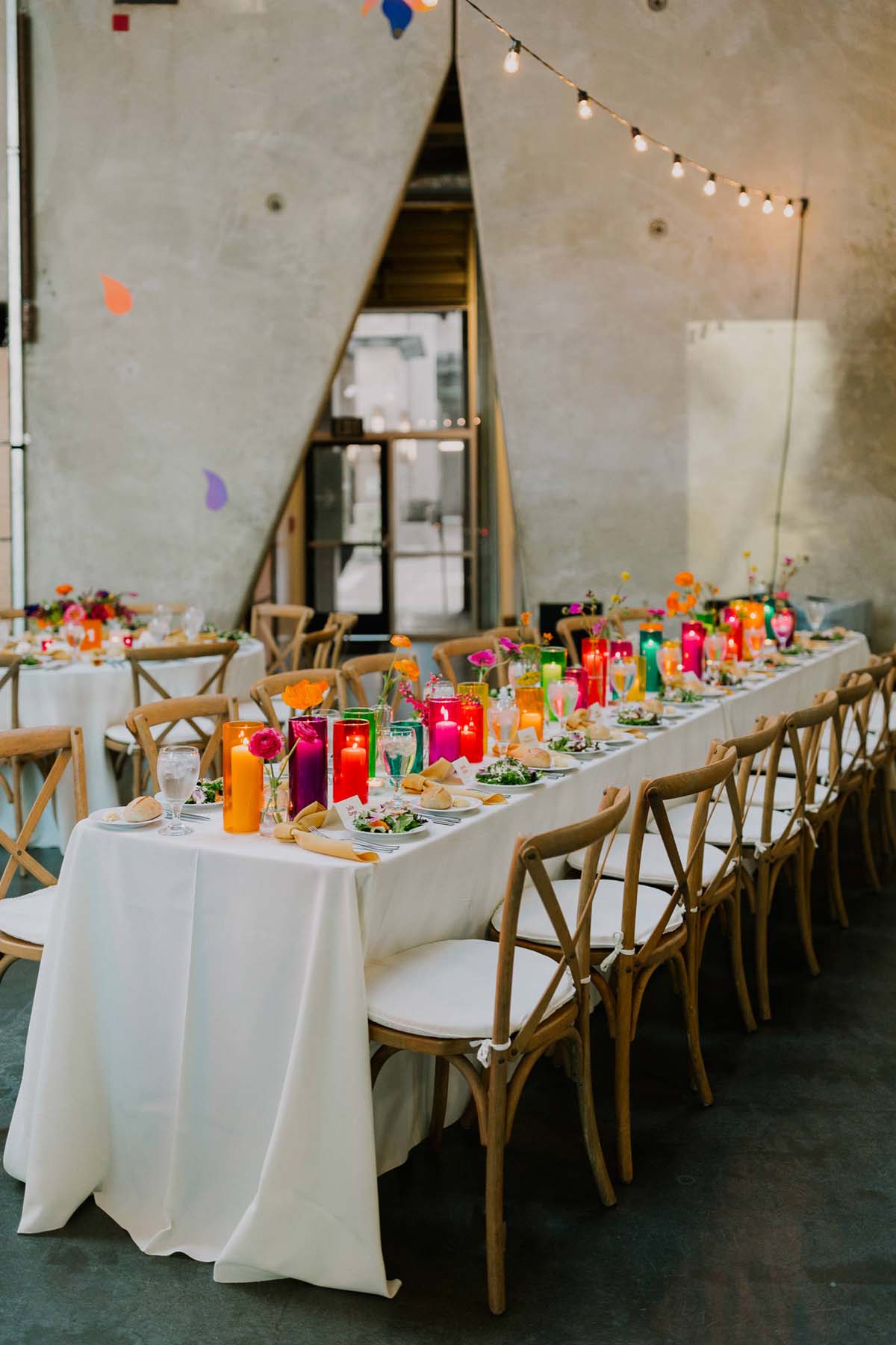 colorful rainbow tablescape at san diego museum wedding