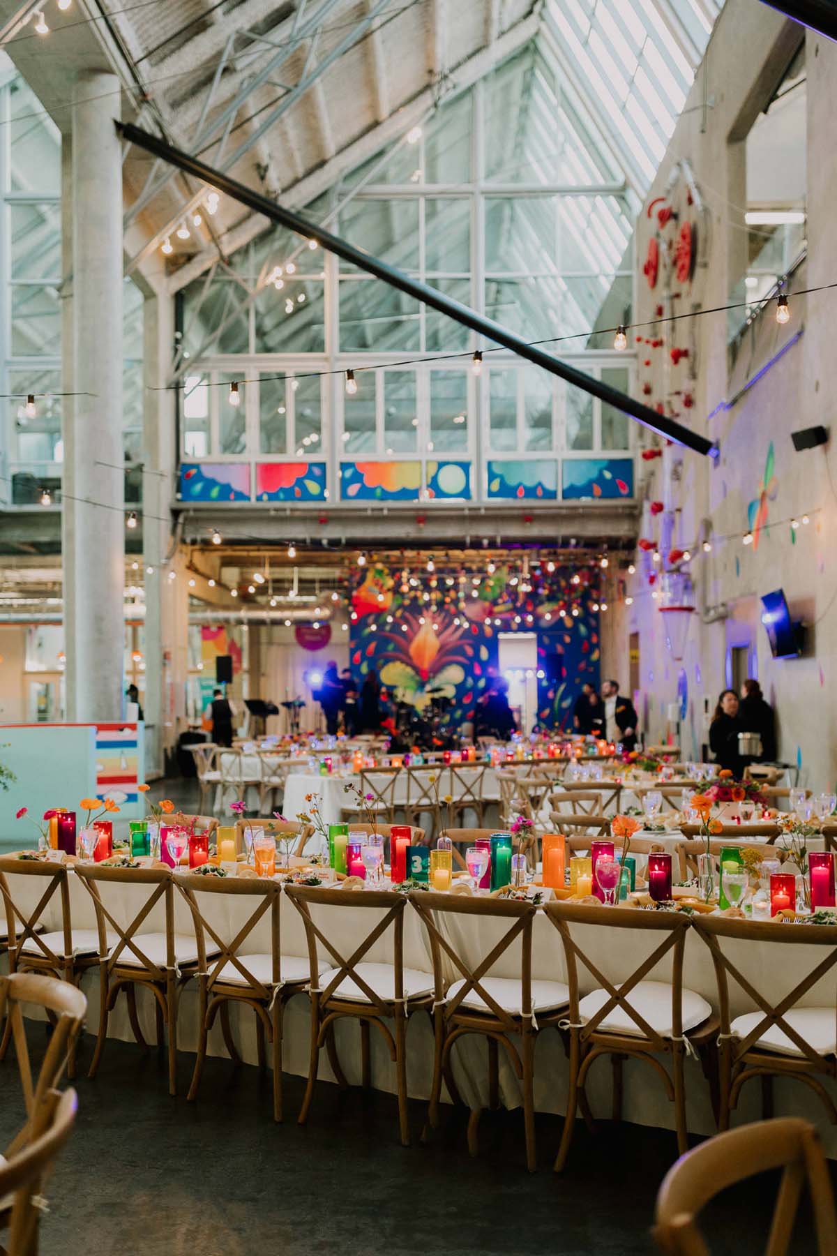 colorful rainbow tablescape at san diego museum wedding