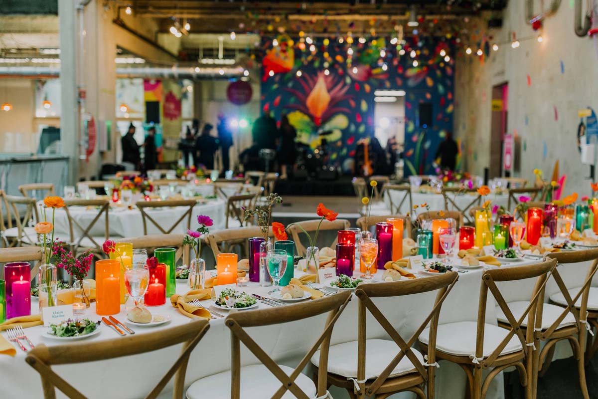 colorful rainbow tablescape at san diego museum wedding