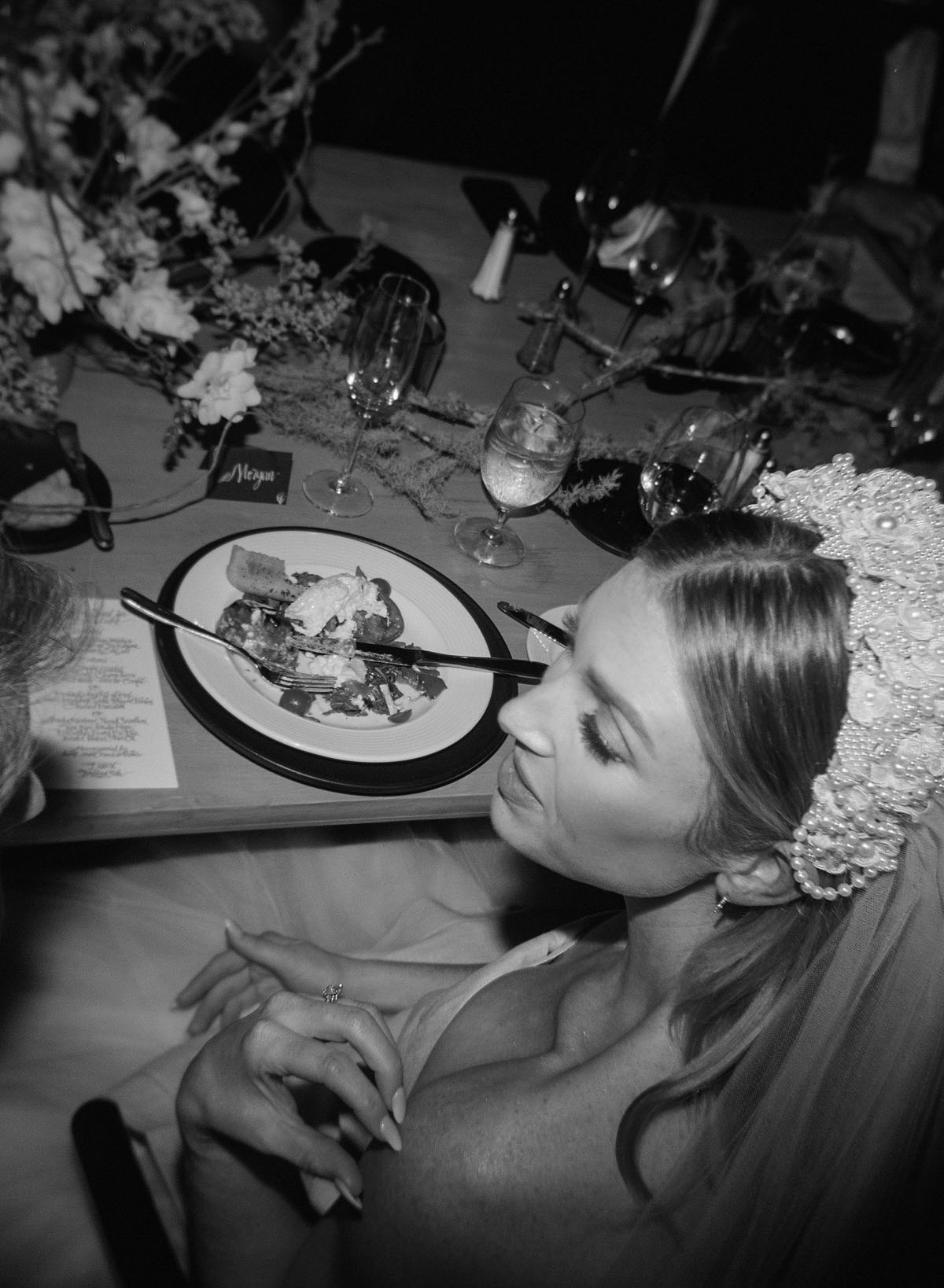 bride wearing oversized beaded headand