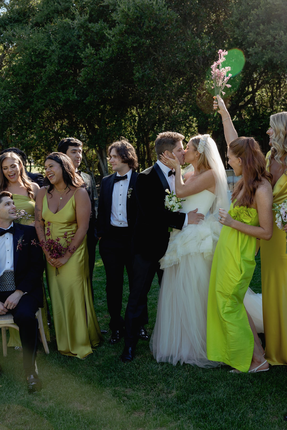 bridal party in chartreuse and yellow bridesmaid dresses