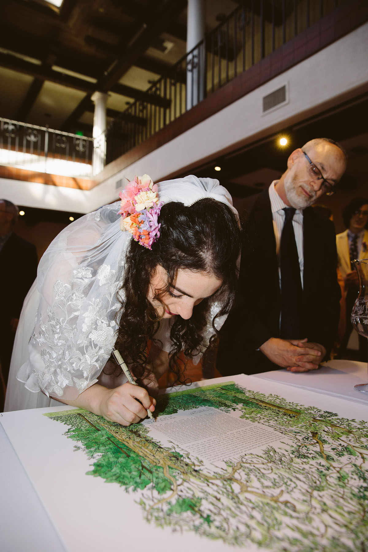 bride signing ketubah at jewish wedding