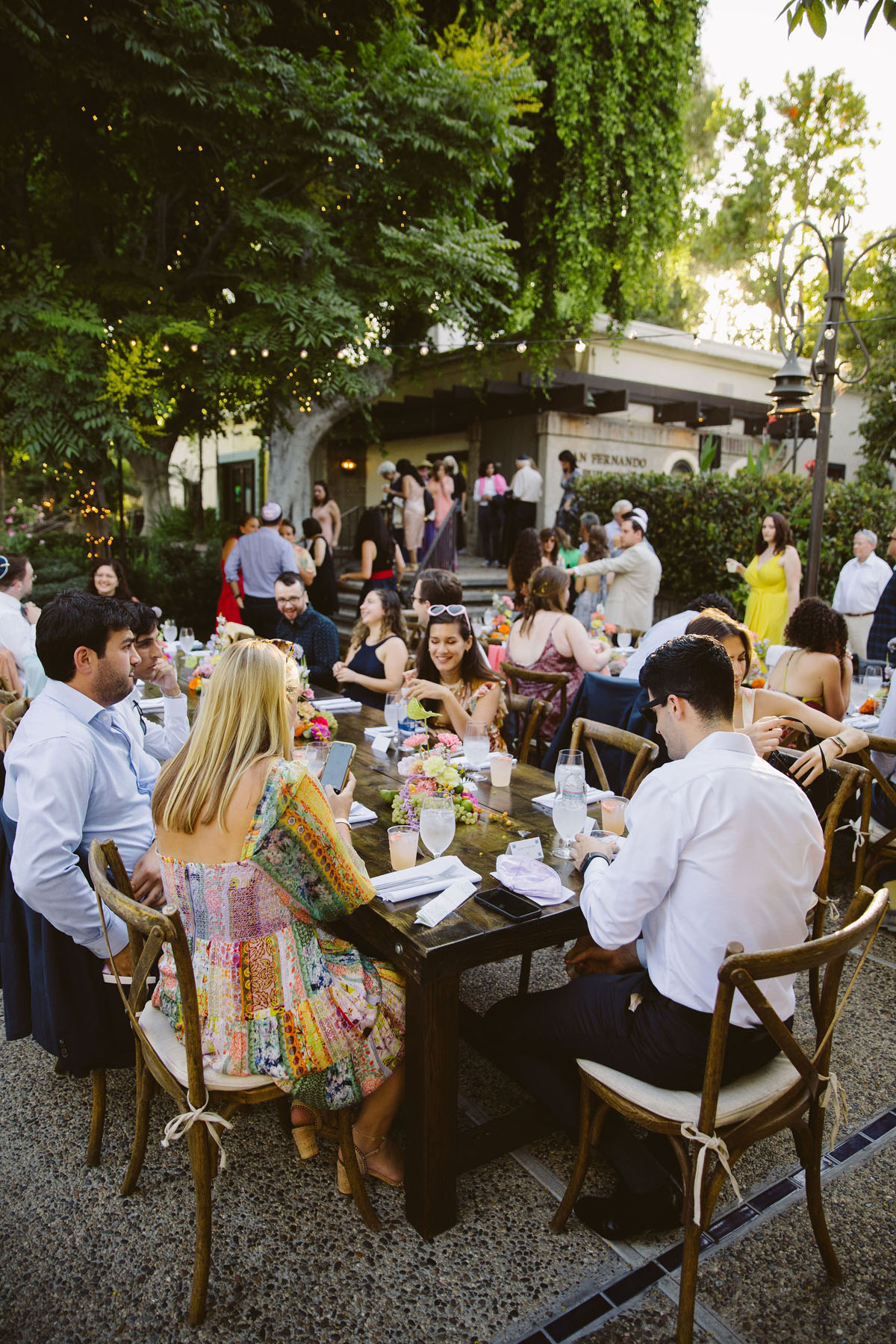 wedding guests at table at LA river and gardens wedding