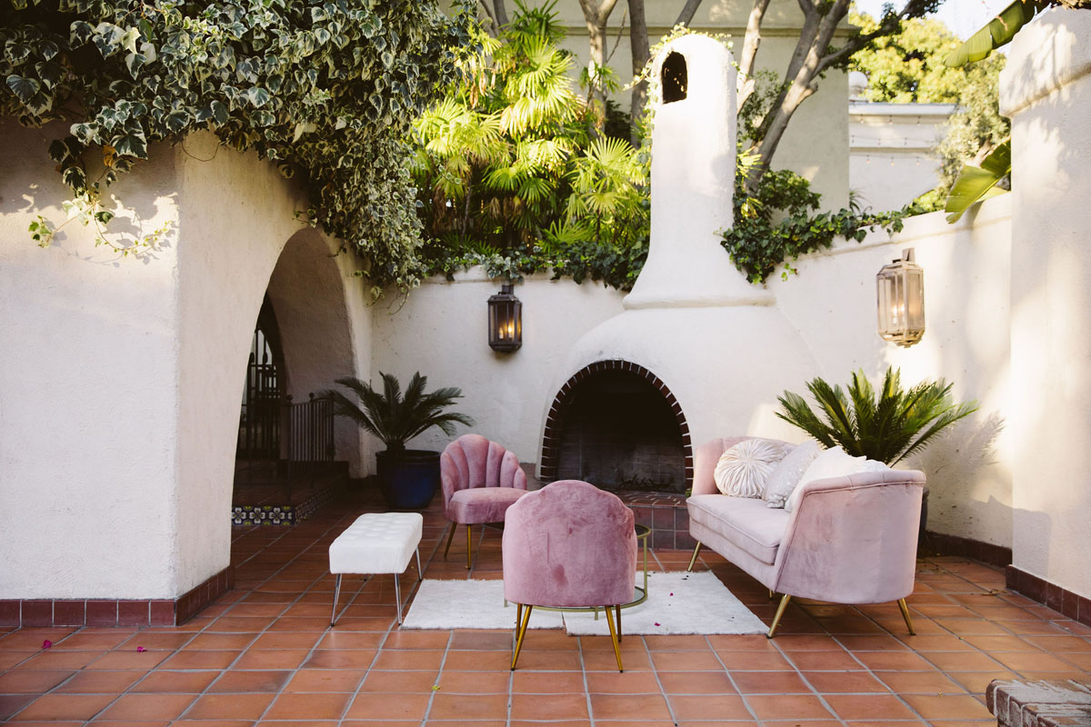 purple lounge furniture at LA river center and gardens wedding venue