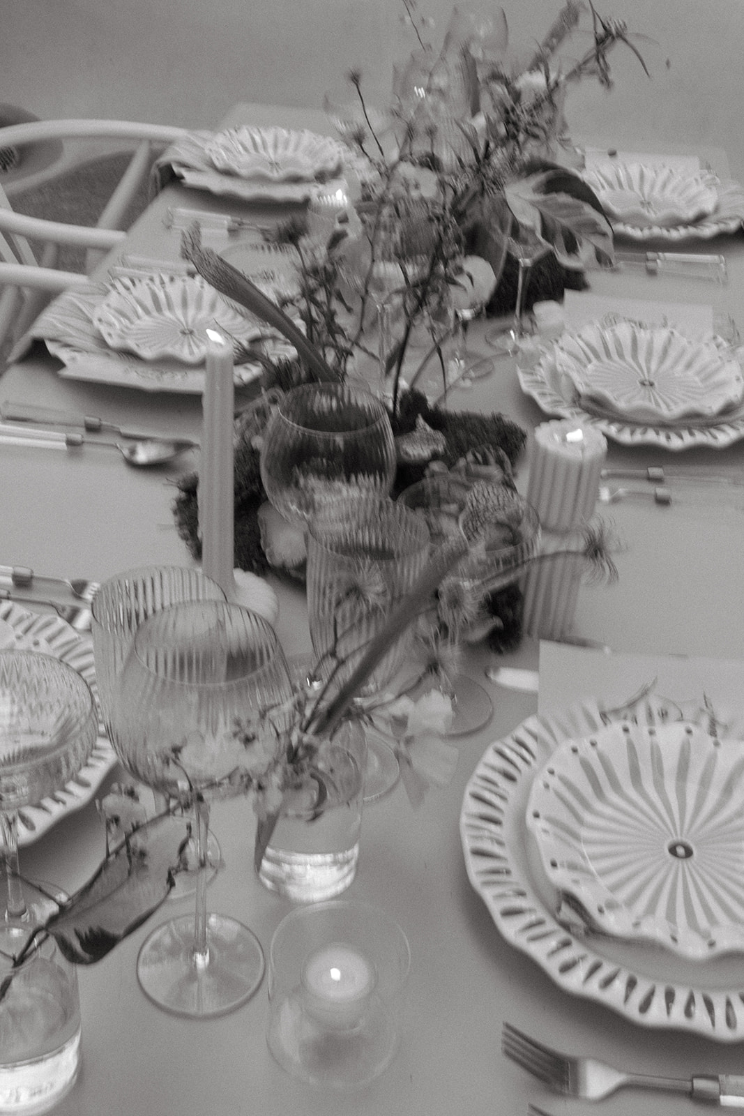 blue and white table settings at wedding