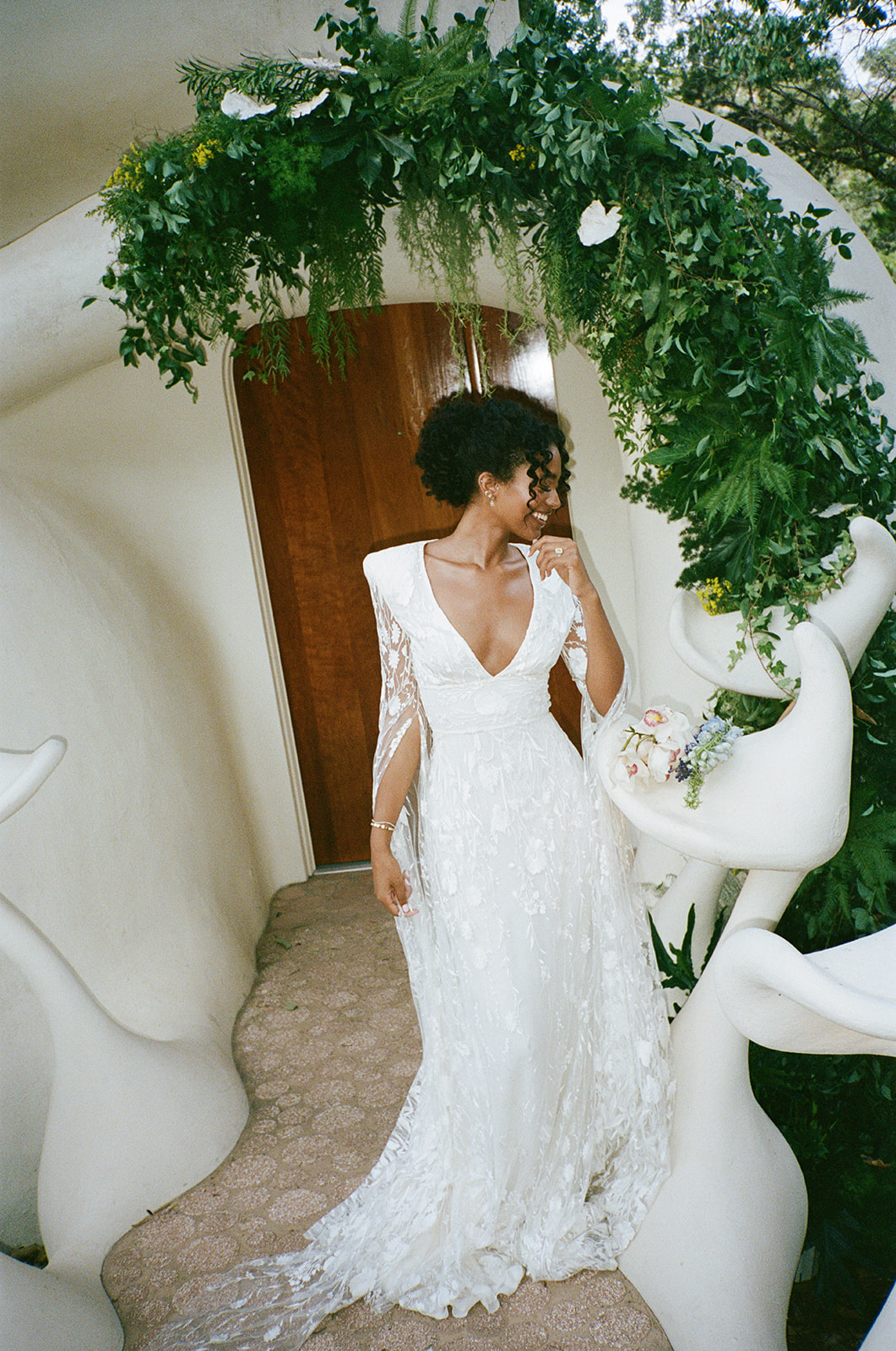 film bridal portrait with lace sleeve dress