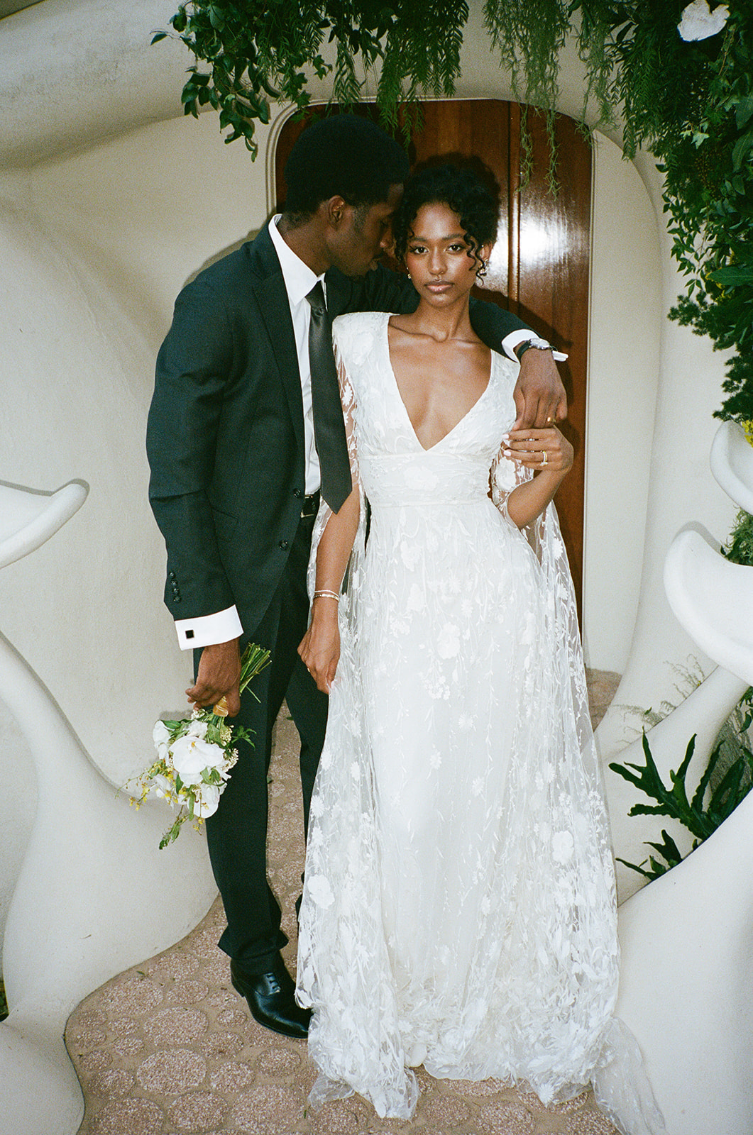 film bridal portrait with lace sleeve dress