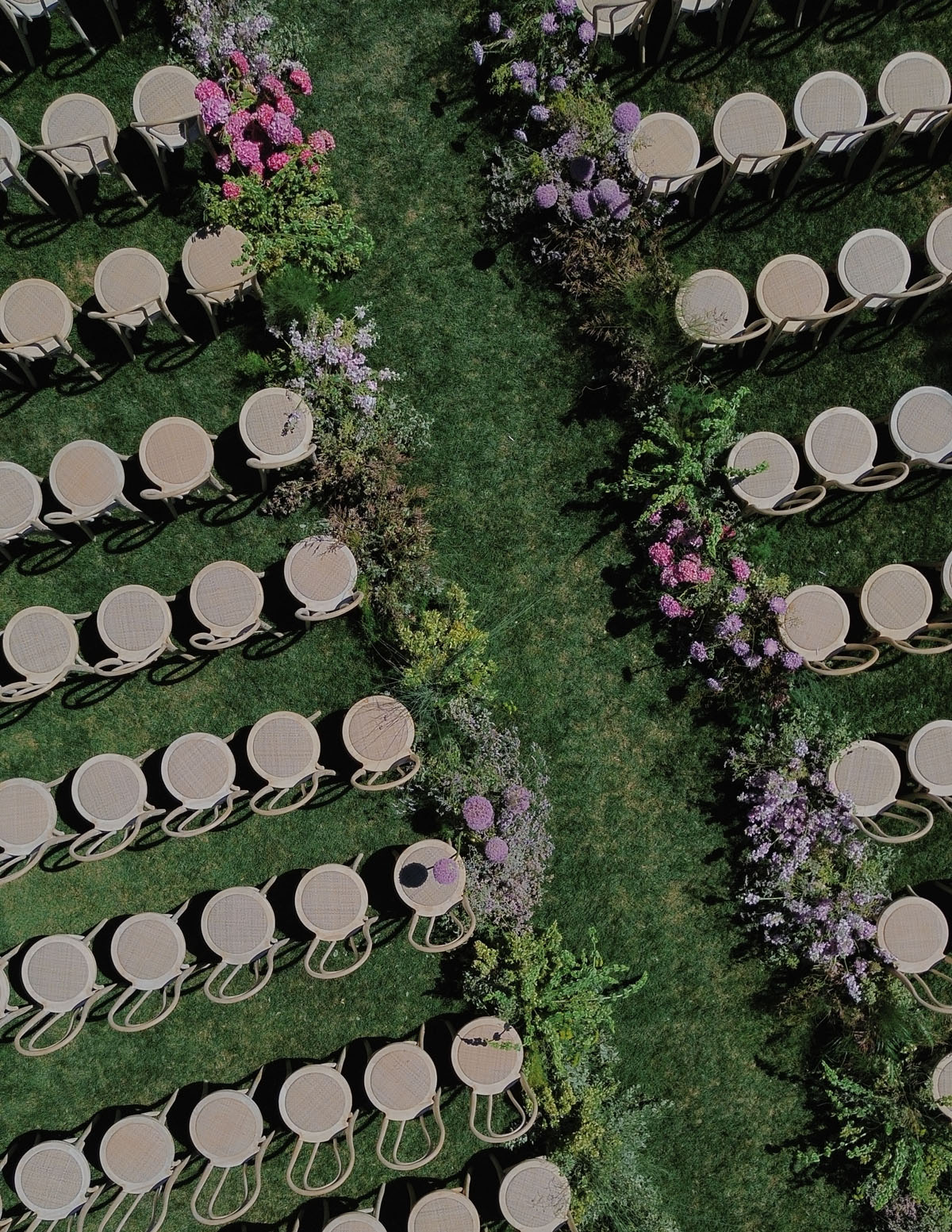 drone photo of floral wedding aisle at Carmel Valley Ranch