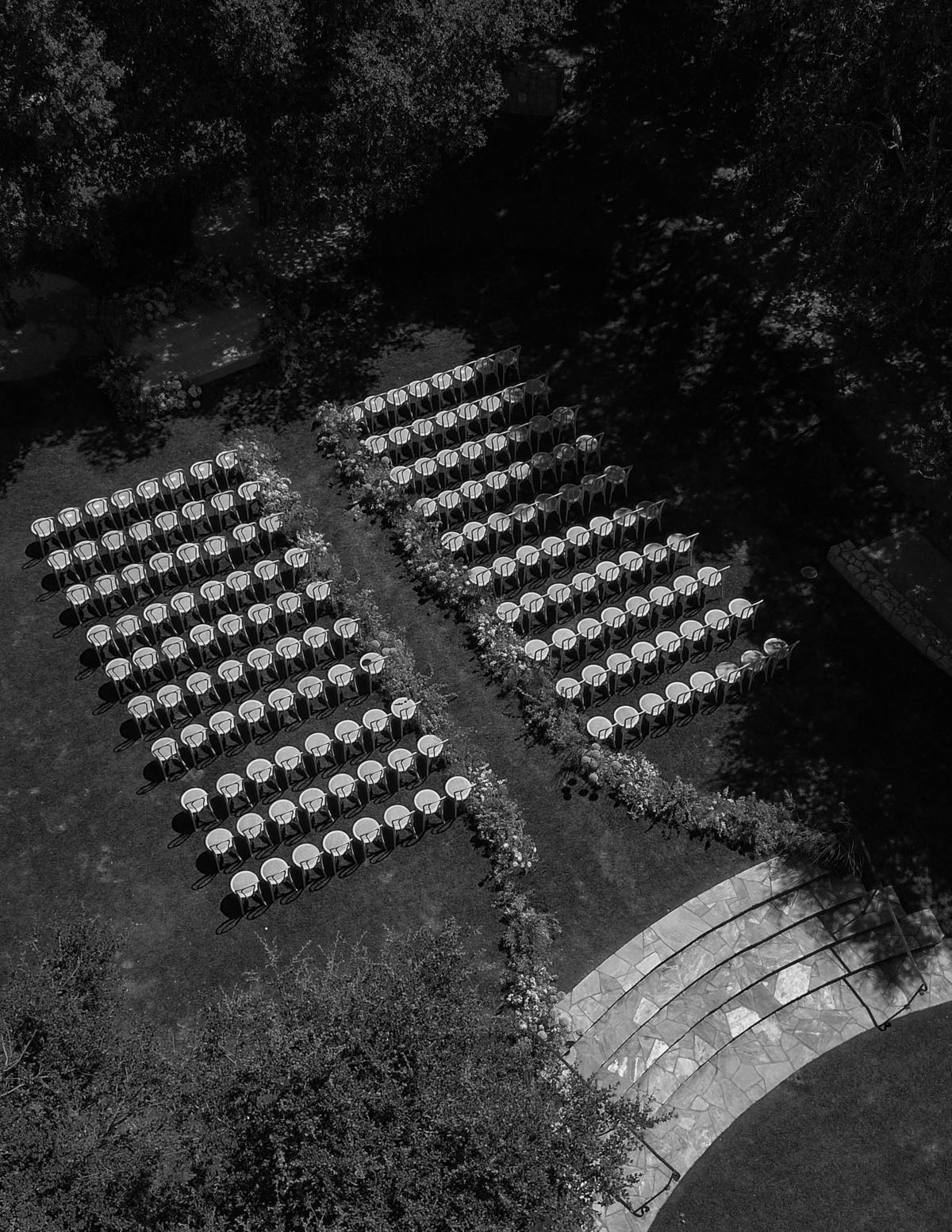 drone photo of floral wedding aisle at Carmel Valley Ranch