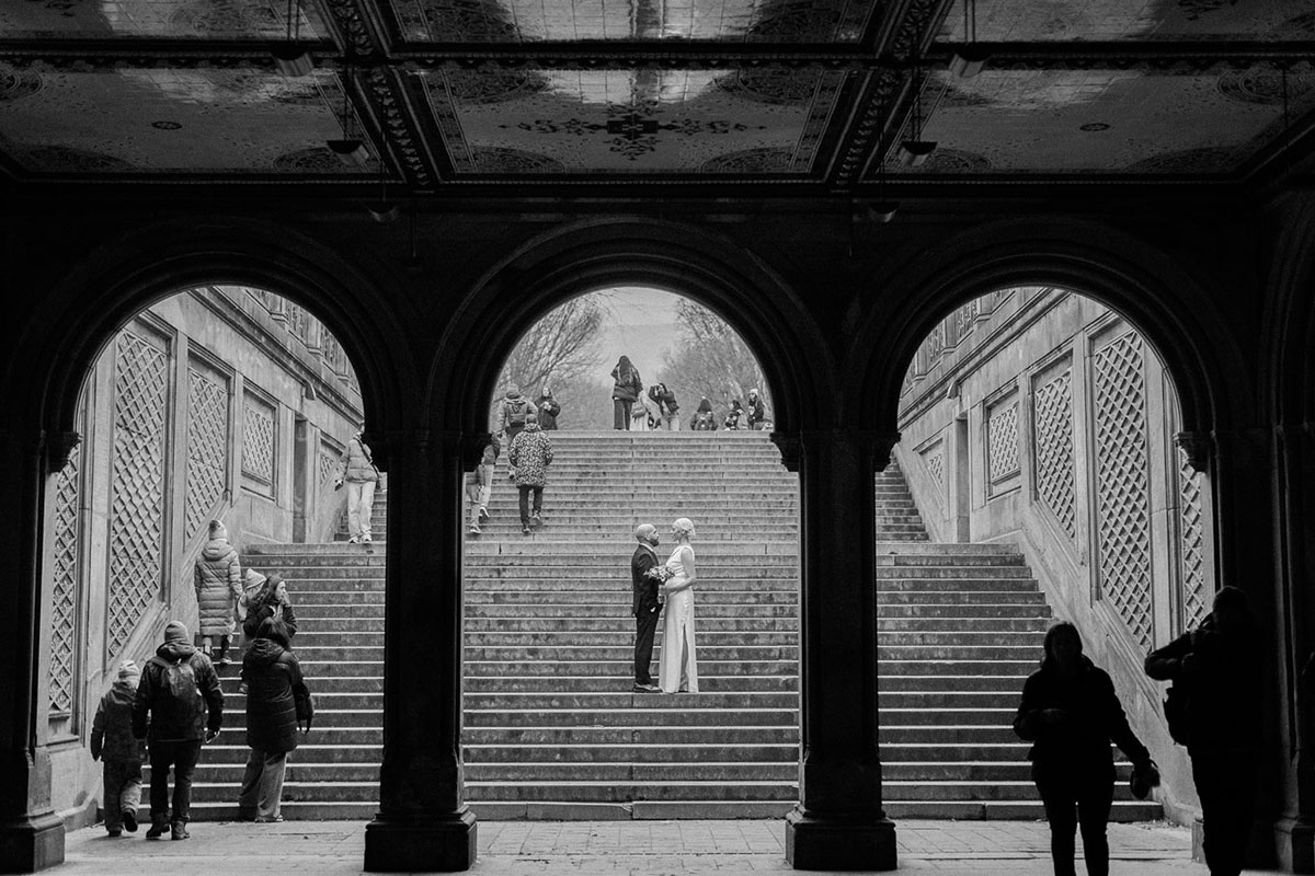 Elopement portrait at Bethesda Terrace, Central Park NYC