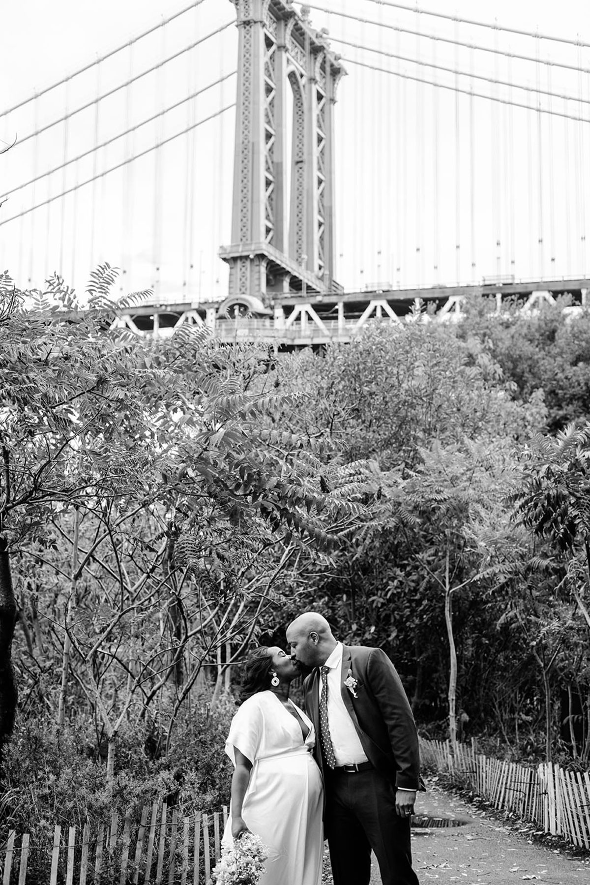 black and white wedding portrait in DUMBO