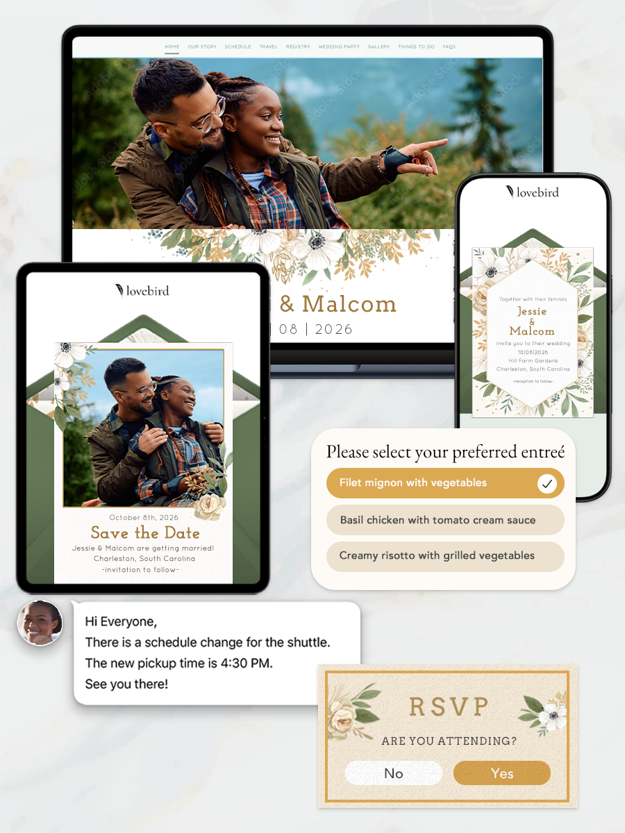 lovebird wedding website and save the dates