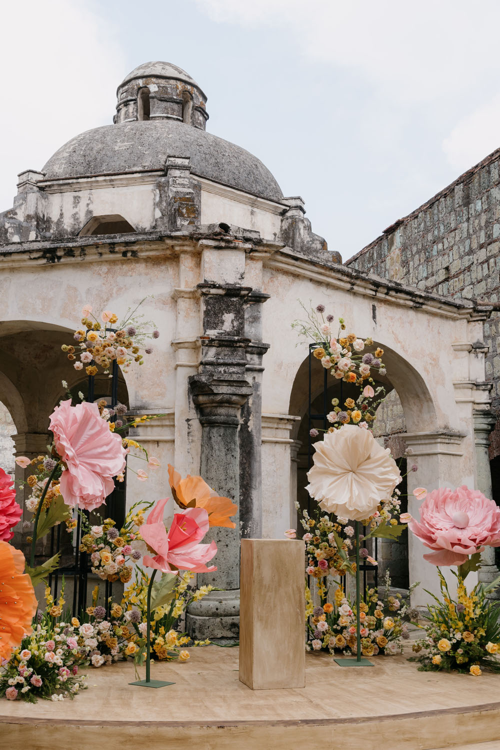 giant faux flowers at Cardenal Oaxaca wedding