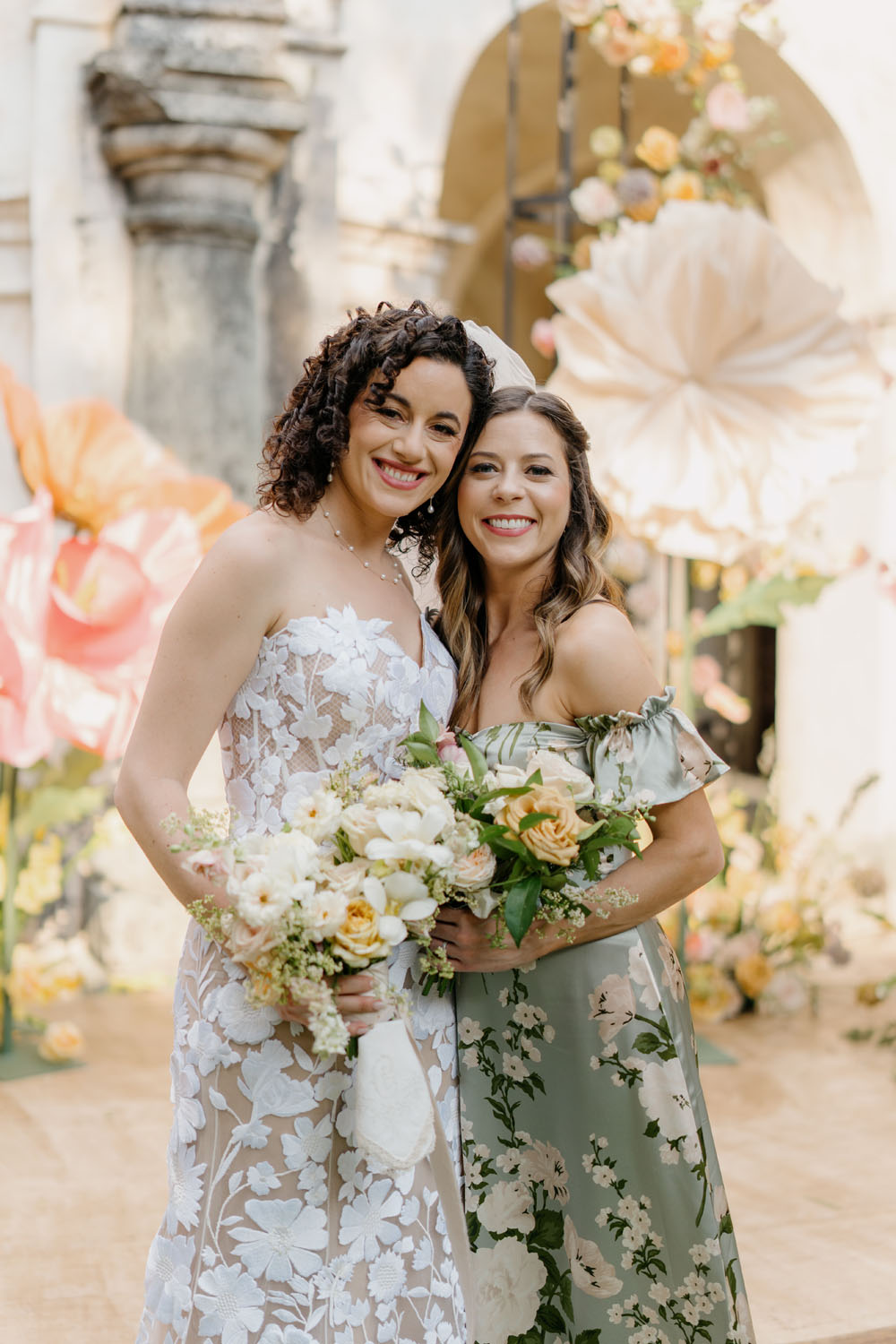 Oscar de la renta wedding dress and sage bridesmaids