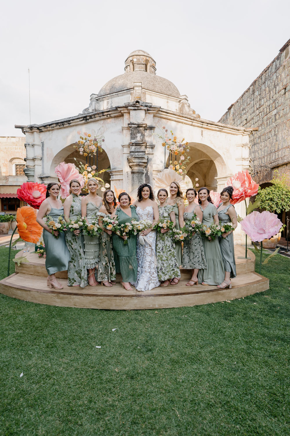 Oscar de la renta wedding dress and sage bridesmaids